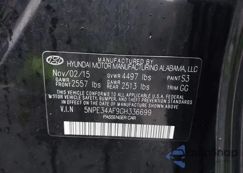 2016 Hyundai Sonata Sport из США, поврежденный, VIN 5NPE34AF9GH336699